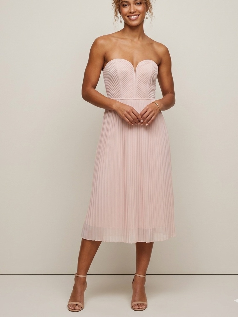 Broadway & Broome Madewell Maya pink strapless sweetheart pleated midi dress 4